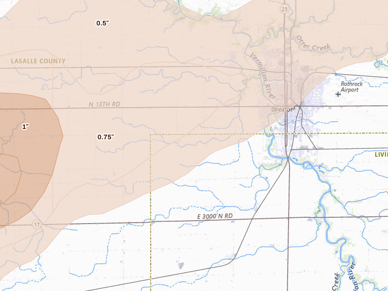Radar-estimated hail-size map of the storm over Streator, IL on Jun 11, 2026