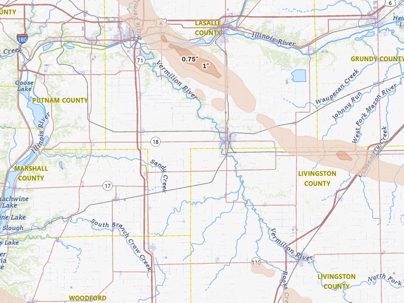 Radar-estimated hail-size map of the storm over Streator, IL on Jun 24, 2026