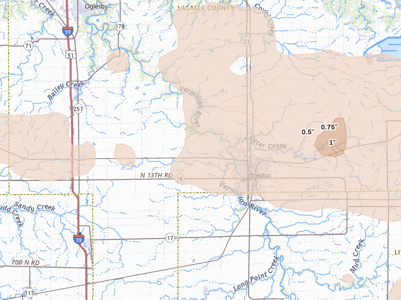 Radar-estimated hail-size map of the storm over Streator, IL on Aug 9, 2026