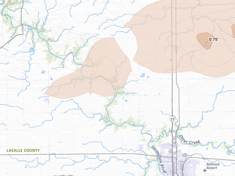 Radar-estimated hail-size map of the storm over Streator, IL on Aug 11, 2026