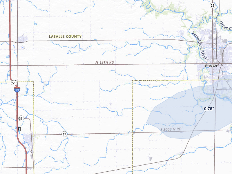 NEXRAD radar-signature map of the hail storm over Streator, IL on Aug 11, 2026