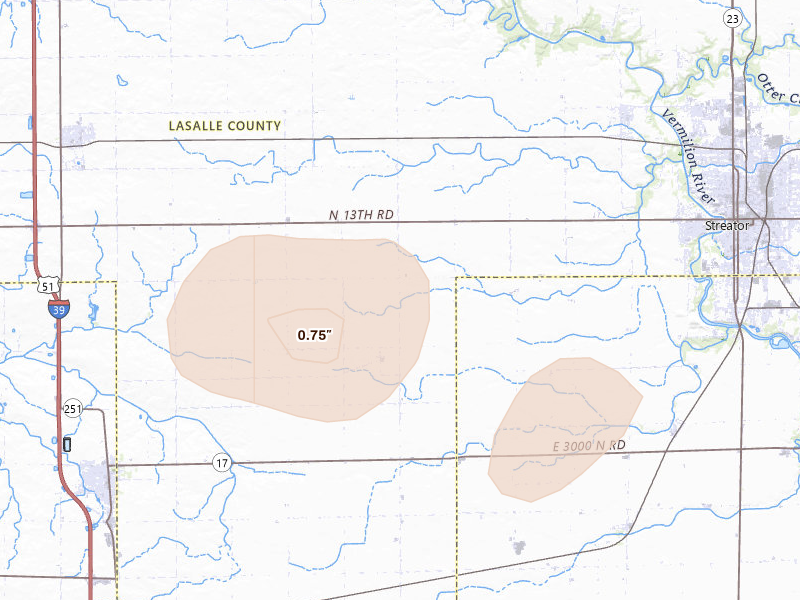 Radar-estimated hail-size map of the storm over Streator, IL on Aug 12, 2026