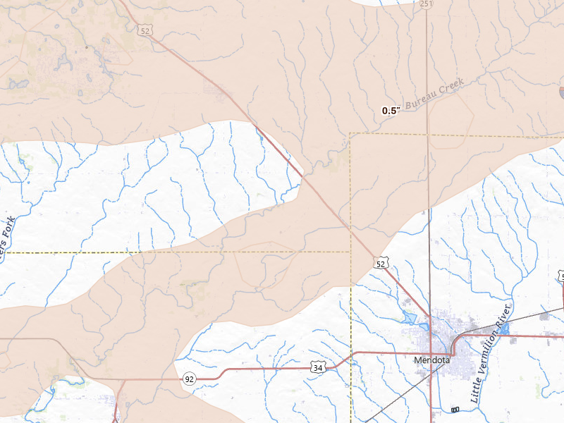 Radar-estimated hail-size map of the storm over Sublette, IL on Aug 11, 2026