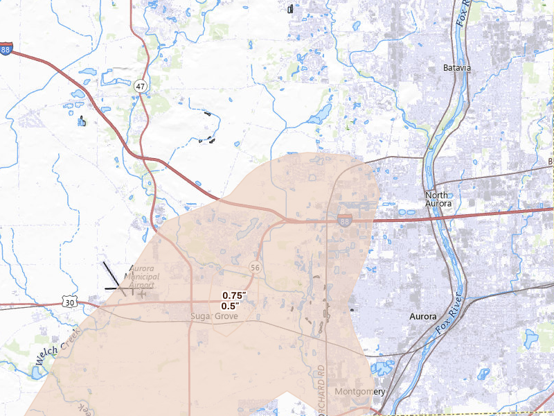 Radar-estimated hail-size map of the storm over Sugar Grove, IL on Mar 10, 2026