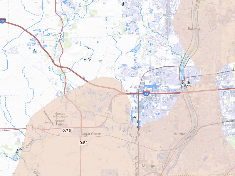 Radar-estimated hail-size map of the storm over Sugar Grove, IL on Jun 10, 2026