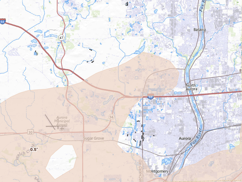 Radar-estimated hail-size map of the storm over Sugar Grove, IL on Jul 2, 2026