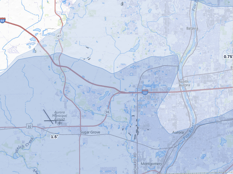 NEXRAD radar-signature map of the hail over Sugar Grove, IL