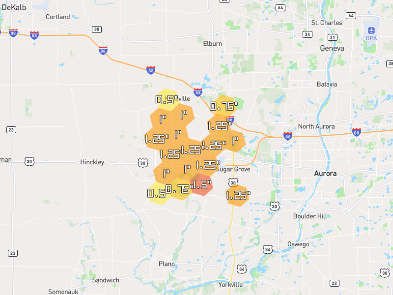 Hail map of Sugar Grove, IL on Jul 3, 2026, hail up to 1.5"