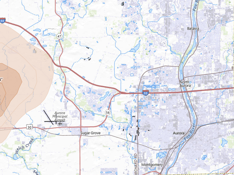 Radar-estimated hail-size map of the storm over Sugar Grove, IL on Jul 4, 2026