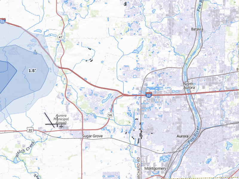 NEXRAD radar-signature map of the hail over Sugar Grove, IL