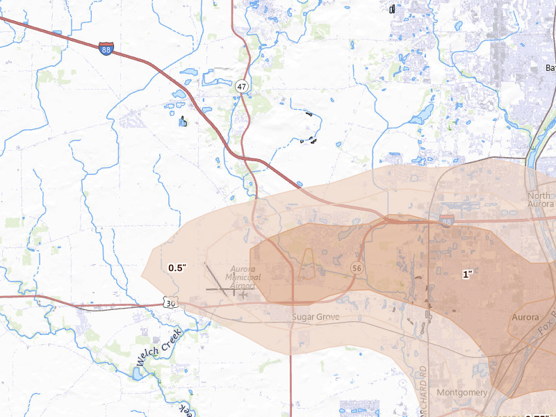 Radar-estimated hail-size map of the storm over Sugar Grove, IL on Aug 9, 2026