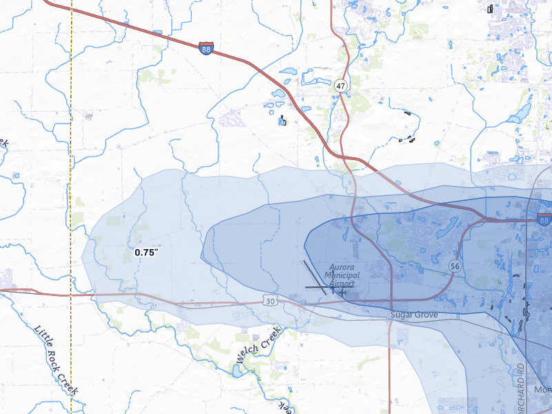 NEXRAD radar-signature map of the hail storm over Sugar Grove, IL on Aug 9, 2026
