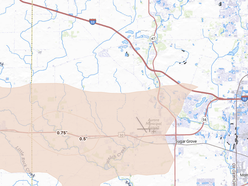 Radar-estimated hail-size map of the storm over Sugar Grove, IL on Aug 11, 2026