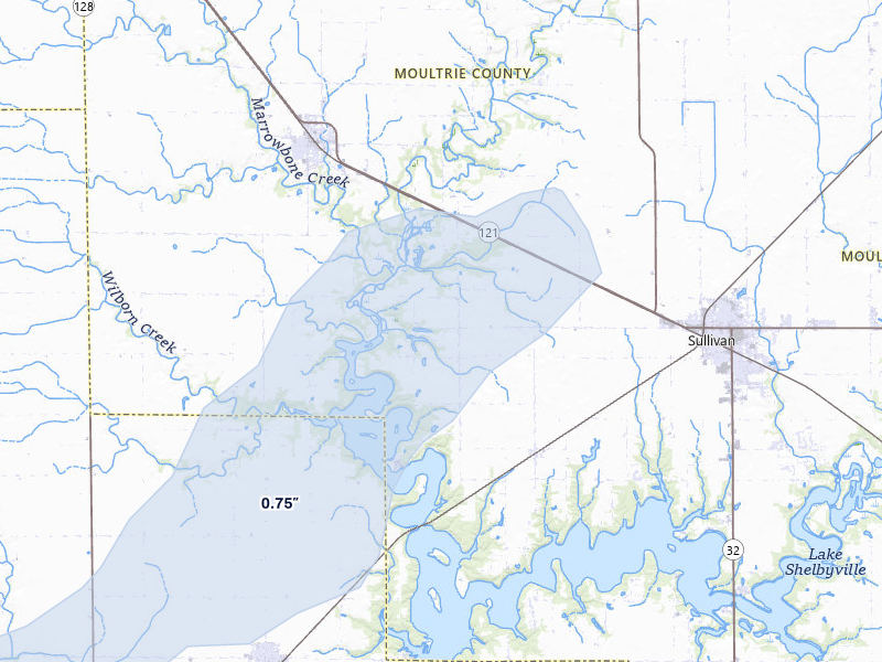 NEXRAD radar-signature map of the hail storm over Sullivan, IL on Mar 15, 2026