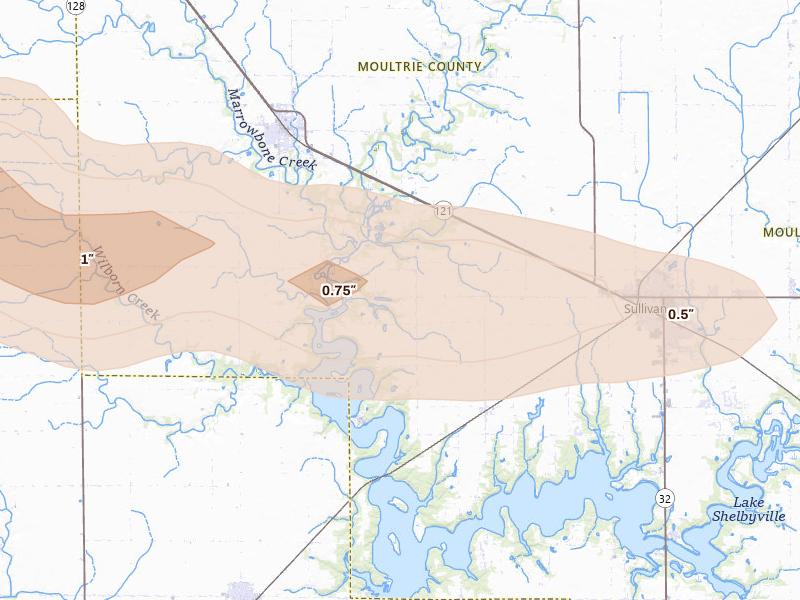 Radar-estimated hail-size map of the storm over Sullivan, IL on Mar 26, 2026