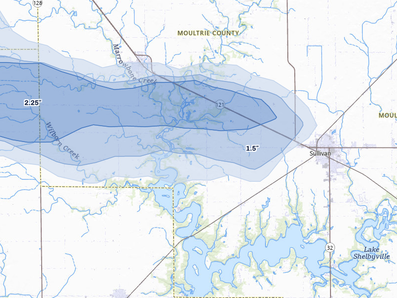 NEXRAD radar-signature map of the hail storm over Sullivan, IL on Mar 26, 2026