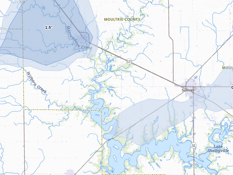 NEXRAD radar-signature map of the hail storm over Sullivan, IL on Apr 27, 2026