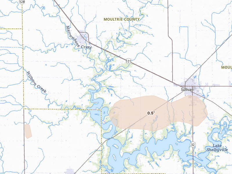 Radar-estimated hail-size map of the storm over Sullivan, IL on May 4, 2026