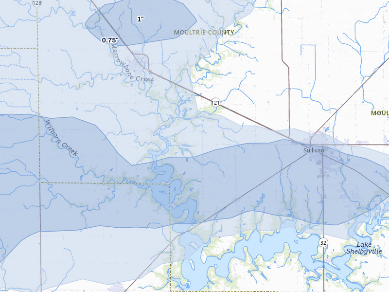 NEXRAD radar-signature map of the hail storm over Sullivan, IL on May 4, 2026
