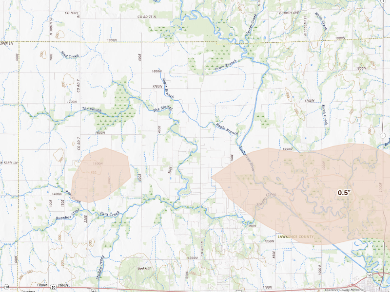 Radar-estimated hail-size map of the storm over Sumner, IL on Jun 17, 2026