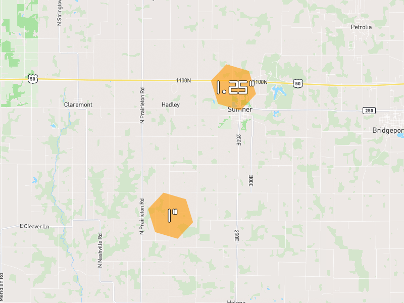 Hail map of Sumner, IL on Jul 10, 2026, hail up to 1.25"