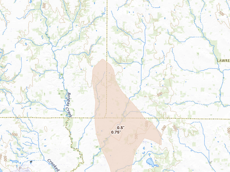 Radar-estimated hail-size map of the storm over Sumner, IL on Jul 26, 2026