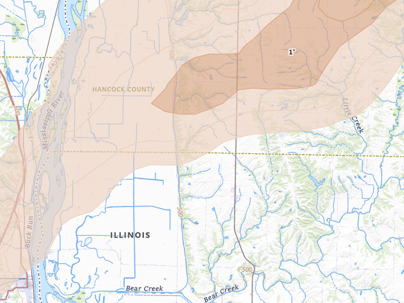 Radar-estimated hail-size map of the storm over Sutter, IL on Apr 17, 2026