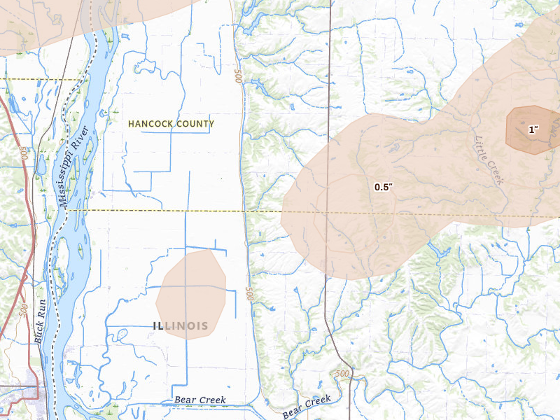 Radar-estimated hail-size map of the storm over Sutter, IL on Jun 11, 2026