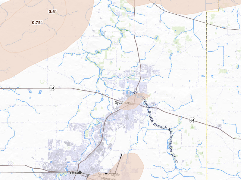 Radar-estimated hail-size map of the storm over Sycamore, IL on Jul 3, 2026