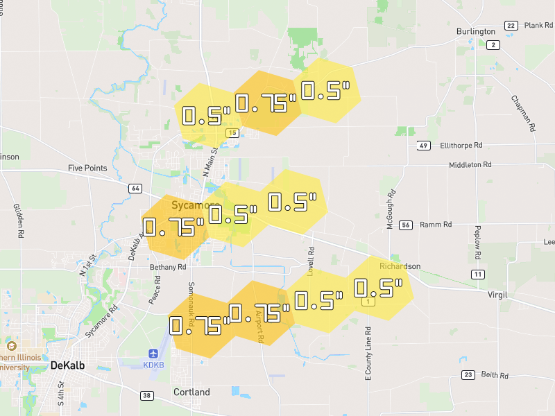 Hail map of Sycamore, IL on Jul 3, 2026, hail up to 0.75"