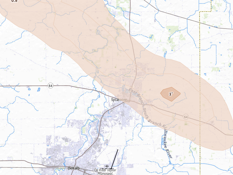 Radar-estimated hail-size map of the storm over Sycamore, IL on Aug 21, 2026