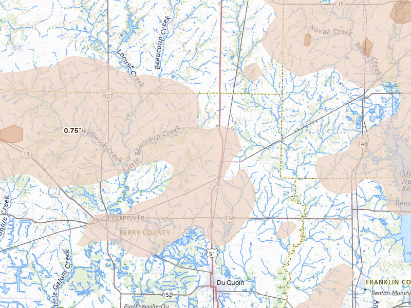 Radar-estimated hail-size map of the storm over Tamaroa, IL on Apr 27, 2026