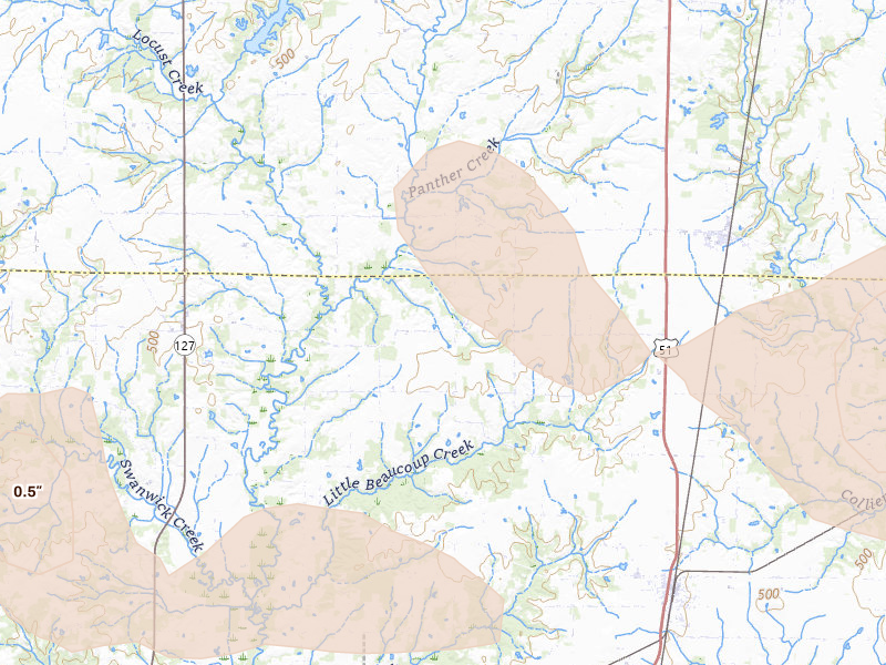 Radar-estimated hail-size map of the storm over Tamaroa, IL on Aug 12, 2026