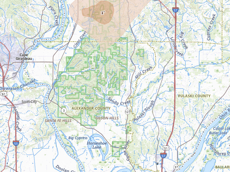 Radar-estimated hail-size map of the storm over Tamms, IL on Apr 27, 2026