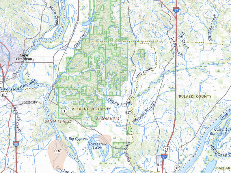 Radar-estimated hail-size map of the storm over Tamms, IL on May 31, 2026
