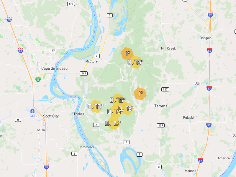 Hail map of Tamms, IL on Jul 4, 2026, hail up to 1"