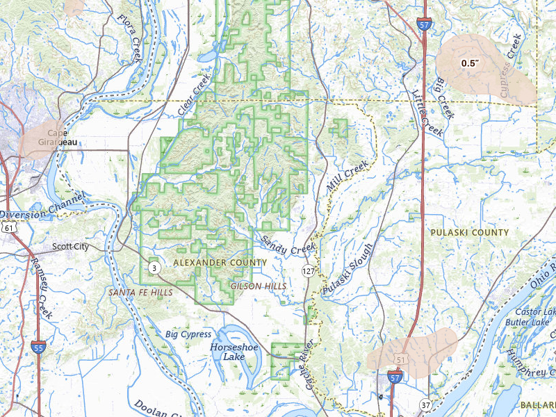 Radar-estimated hail-size map of the storm over Tamms, IL on Jul 8, 2026