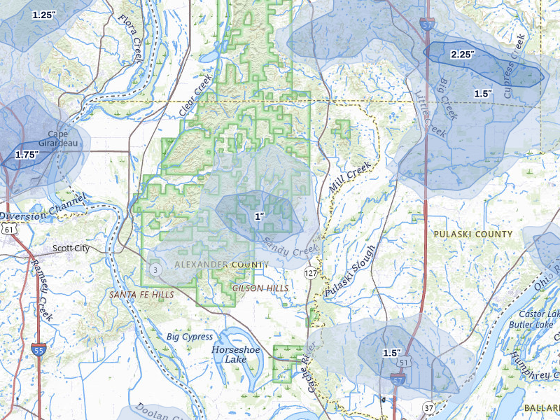 NEXRAD radar-signature map of the hail storm over Tamms, IL on Jul 8, 2026