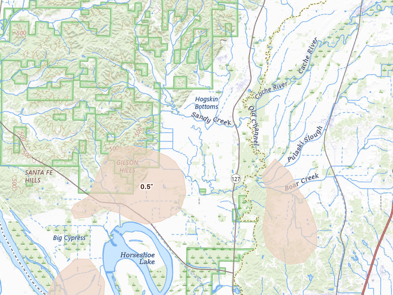 Radar-estimated hail-size map of the storm over Tamms, IL on Jul 31, 2026