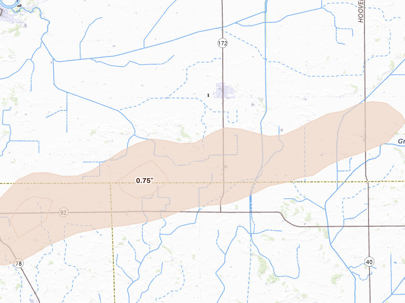 Radar-estimated hail-size map of the storm over Tampico, IL on Mar 10, 2026