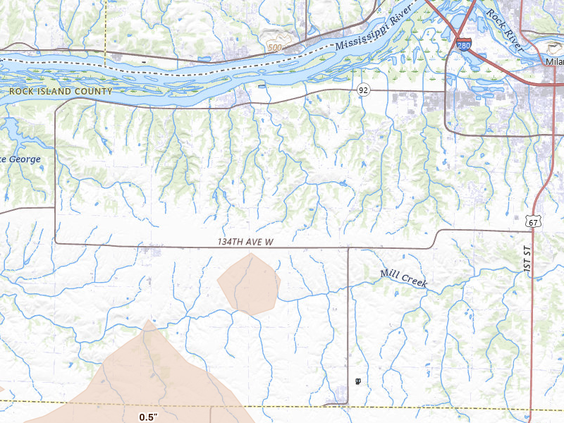 Radar-estimated hail-size map of the storm over Taylor Ridge, IL on Jul 20, 2026