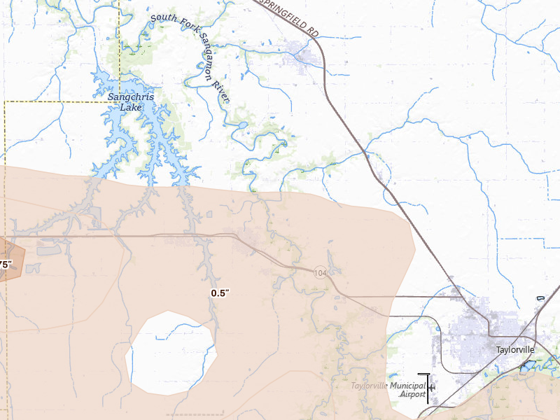 Radar-estimated hail-size map of the storm over Taylorville, IL on Jun 17, 2026