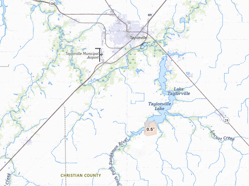 Radar-estimated hail-size map of the storm over Taylorville, IL on Aug 15, 2026