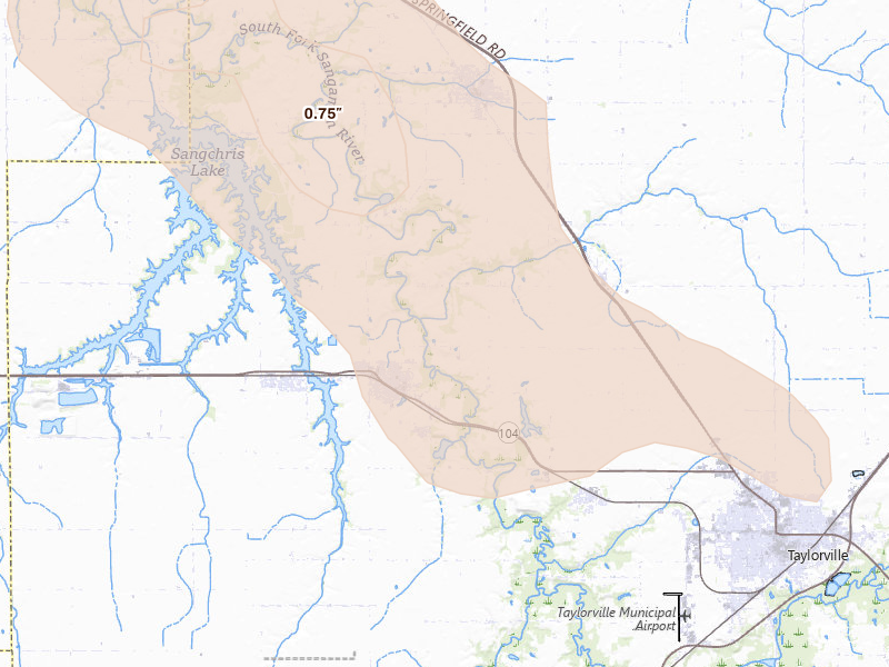 Radar-estimated hail-size map of the storm over Taylorville, IL on Aug 21, 2026