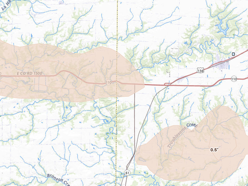 Radar-estimated hail-size map of the storm over Tennessee, IL on May 4, 2026