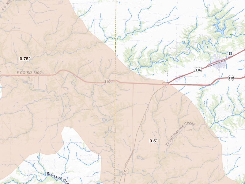 Radar-estimated hail-size map of the storm over Tennessee, IL on Jul 20, 2026