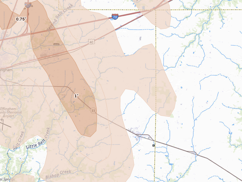 Radar-estimated hail-size map of the storm over Teutopolis, IL on Jul 26, 2026