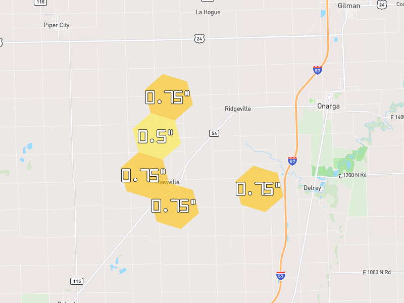 Hail map of Thawville, IL on Jun 6, 2026, hail up to 0.75"