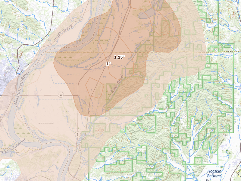 Radar-estimated hail-size map of the storm over Thebes, IL on Apr 26, 2026