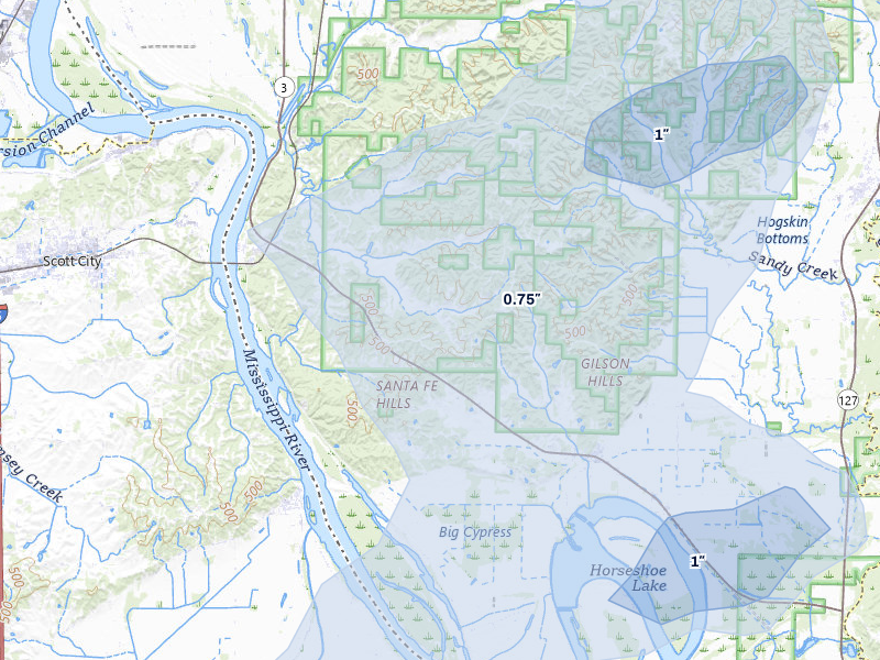 NEXRAD radar-signature map of the hail over Thebes, IL